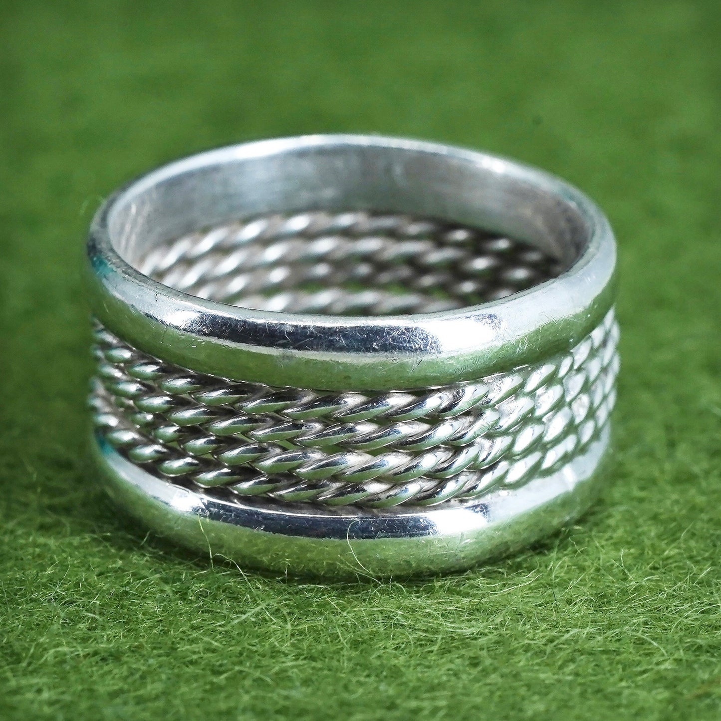 Size 8, vtg sterling silver handmade statement ring, 925 cable textured band