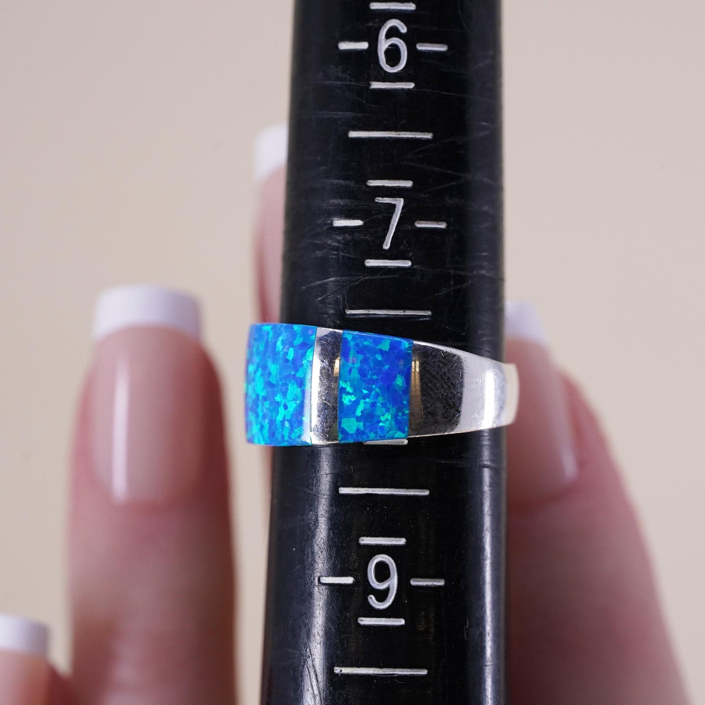 Size 7.5, vintage Sterling silver handmade ring, 925 band with opal inlay