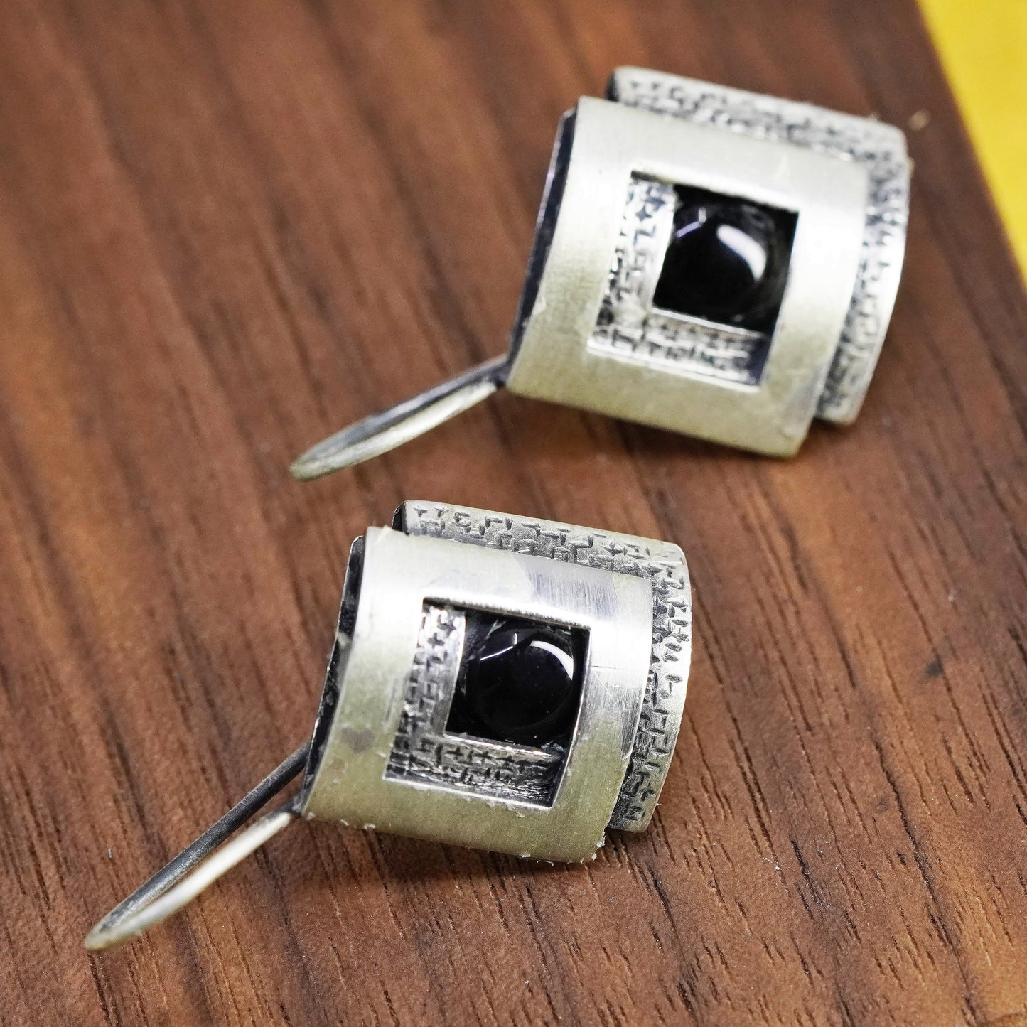 Vintage Sterling 925 silver handmade matte double square earrings with obsidian