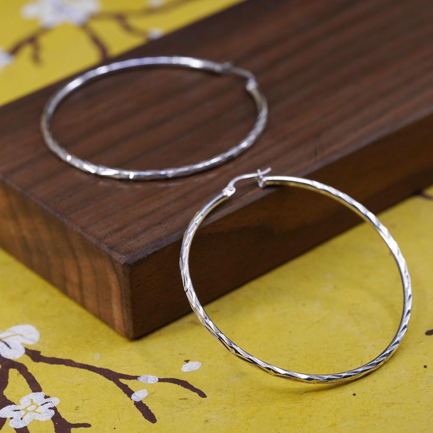 2", vintage Sterling silver handmade earrings, 925 hoops diamond cut textured
