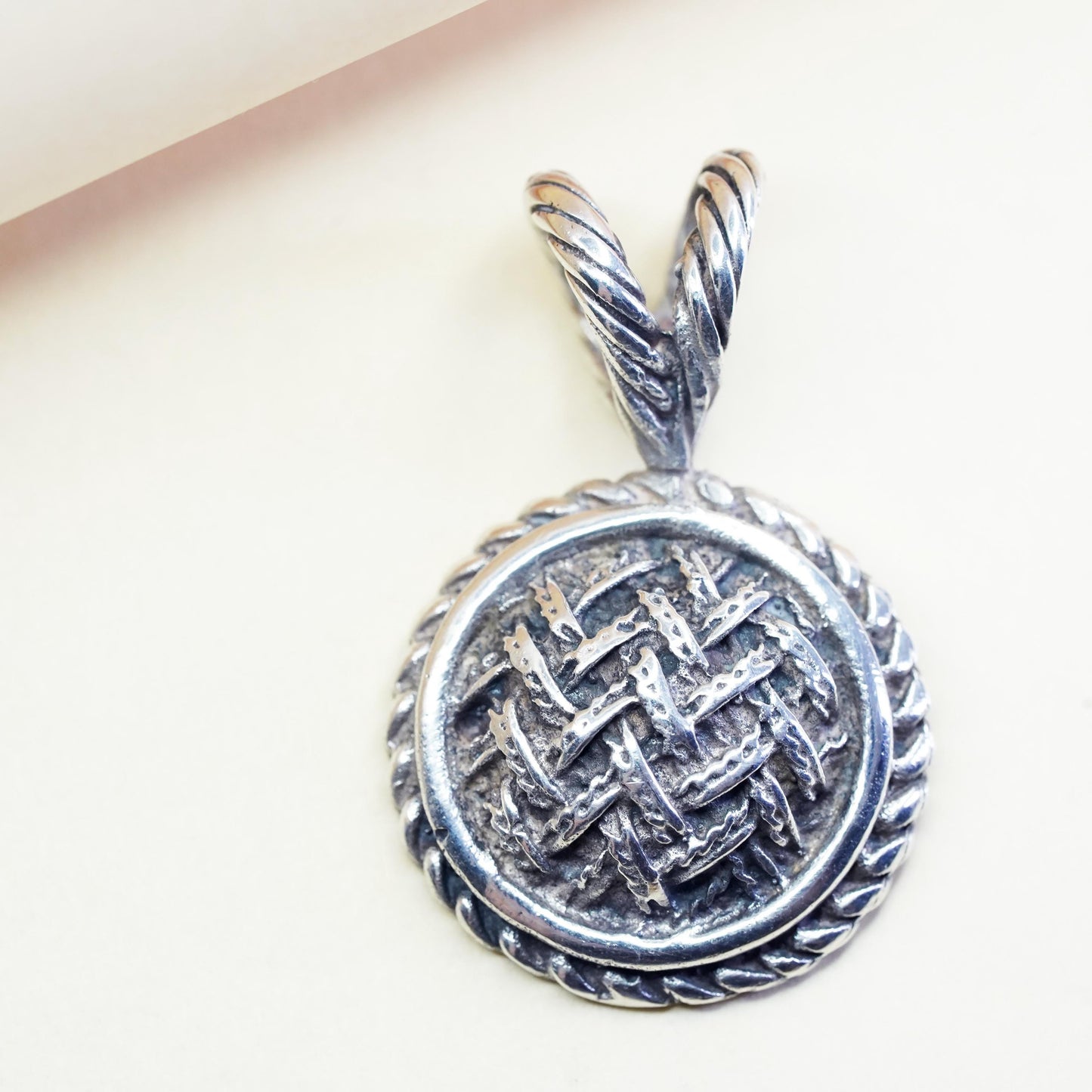 VTG Mexican sterling silver handmade pendant, 925 braided woven textured circle