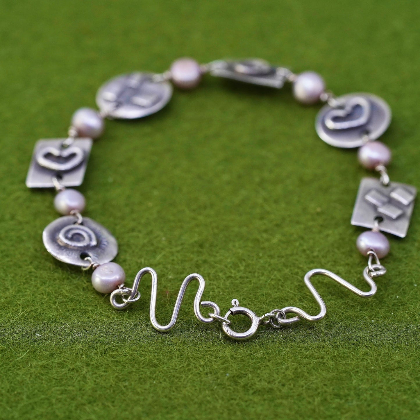 7", sterling silver handmade bracelet, 925 disc embossed heart with pearl beads