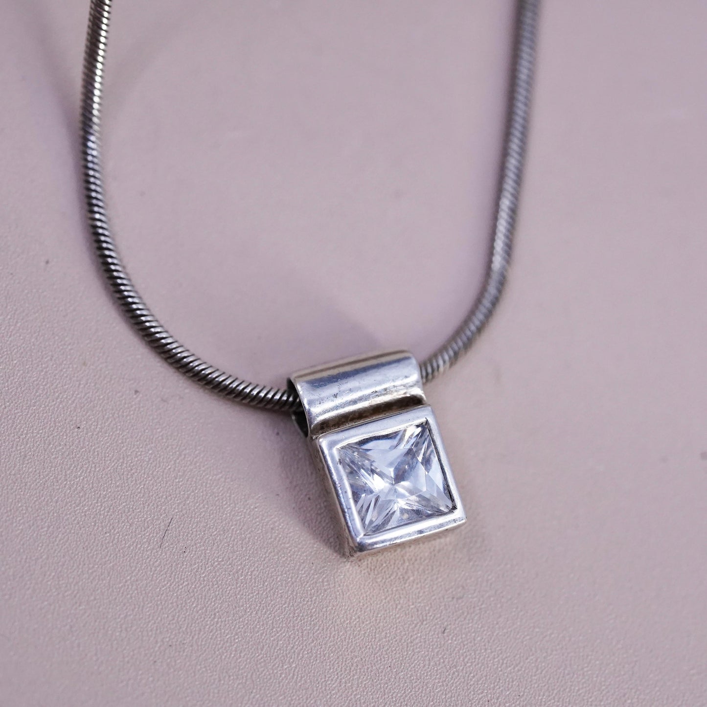 15+1", vintage Sterling silver necklace, 925 snake chain with square cz pendant