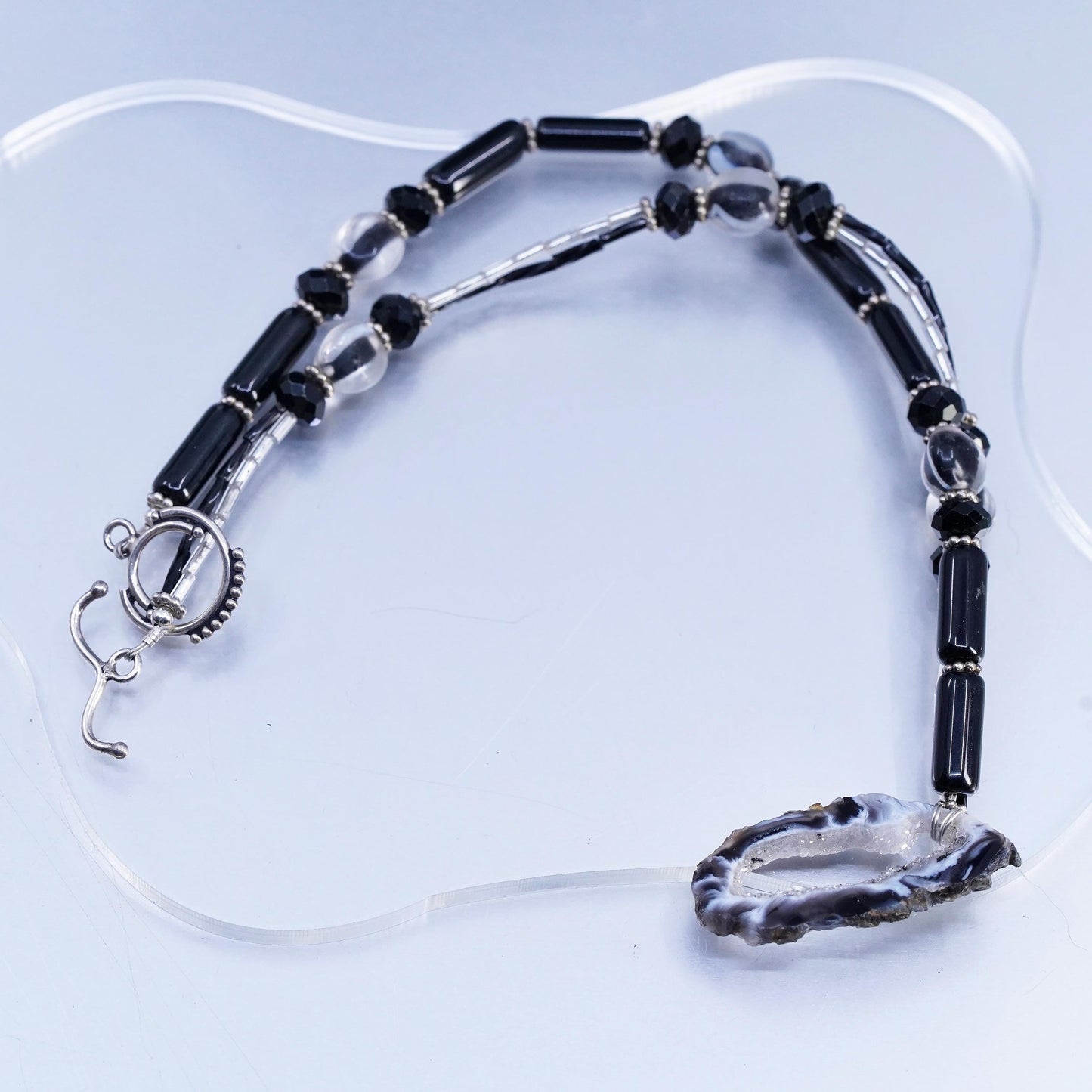 18” Sterling 925 Silver black agate beads necklace with pendant toggle closure