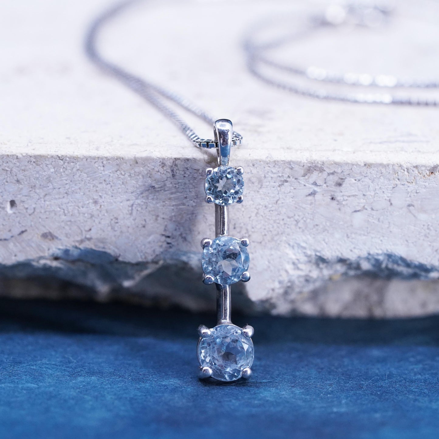18”, vintage Sterling silver handmade necklace, 925 box chain blue cz pendant