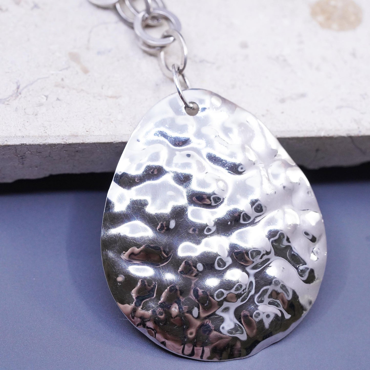 18", VTG sterling silver 925 necklace, textured teardrop pendant circle chain