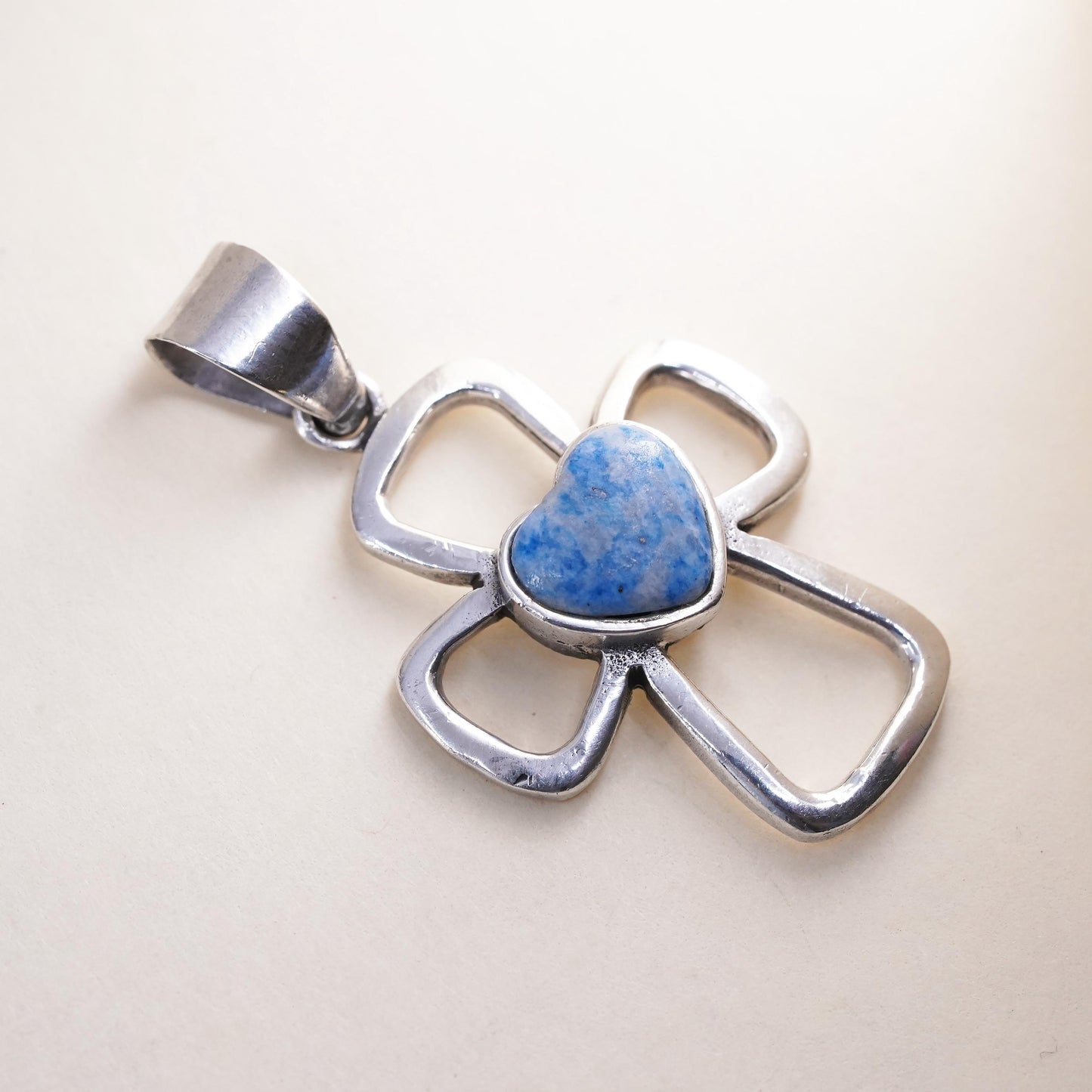 Vintage Sterling Silver 925 handmade cross pendant with heart denim Lapis