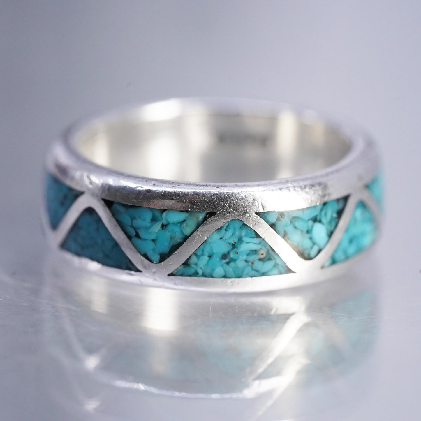 size 5.25, Native American Zuni Sterling Silver Ring, 925 zigzag band turquoise