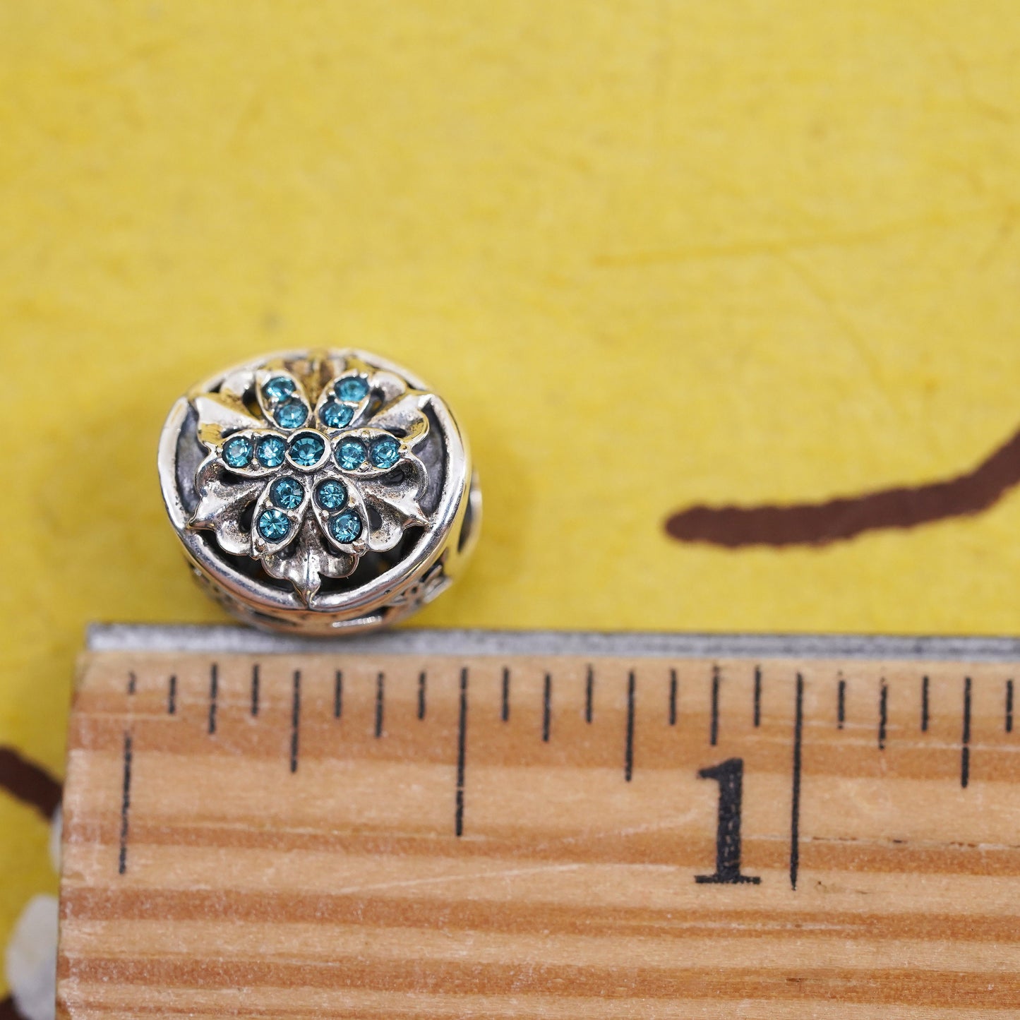 Vintage Sterling 925 silver handmade pendant bead flower charm with blue cz