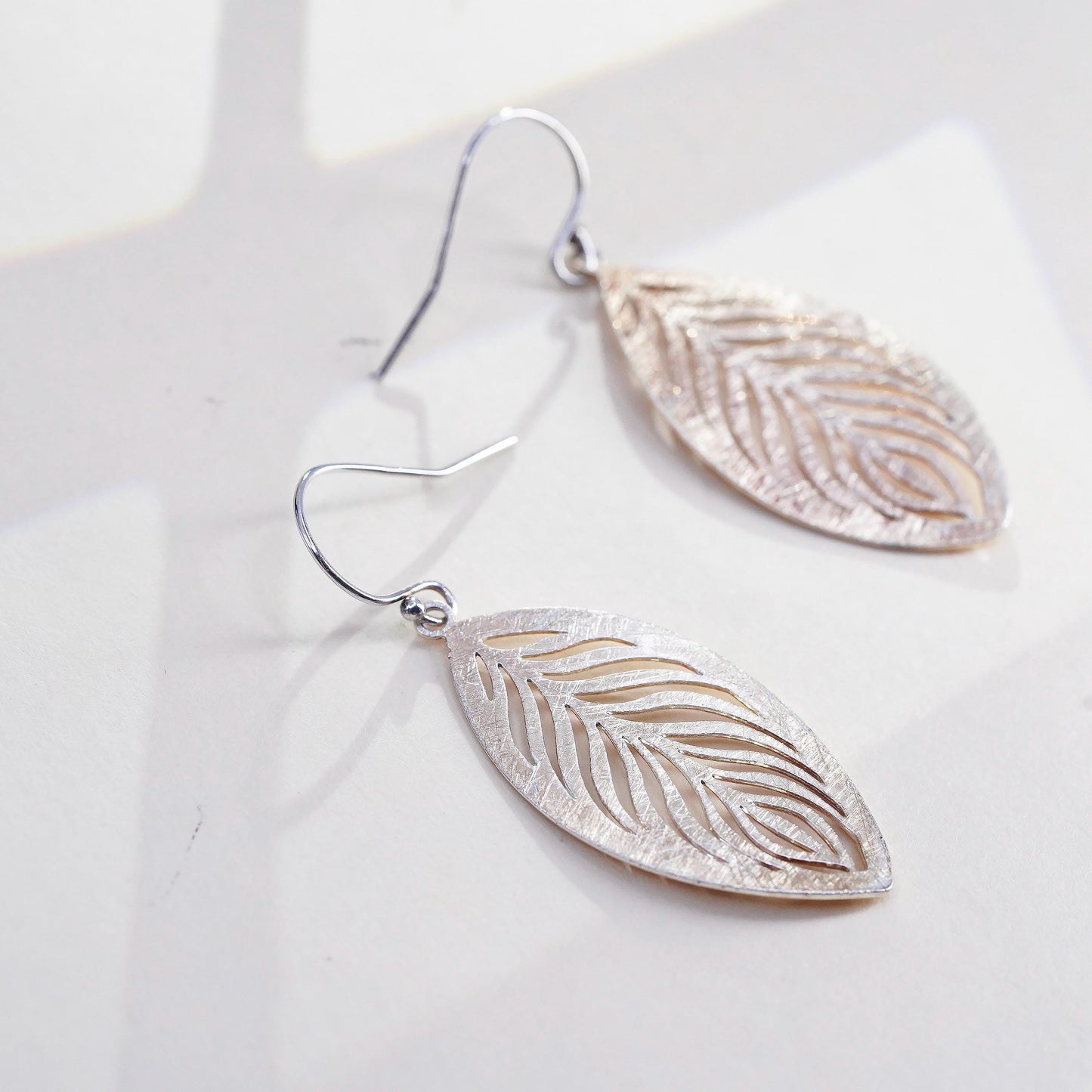 Vintage two tone Sterling silver handmade earrings, matte leaf openwork drops