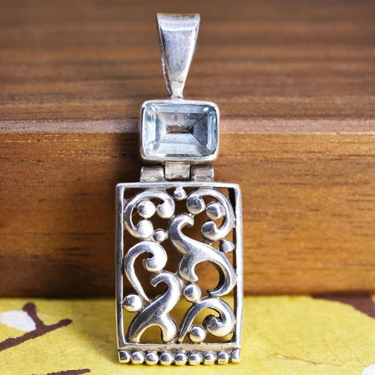 Vintage Sterling silver handmade pendant, 925 filigree rectangular with topaz