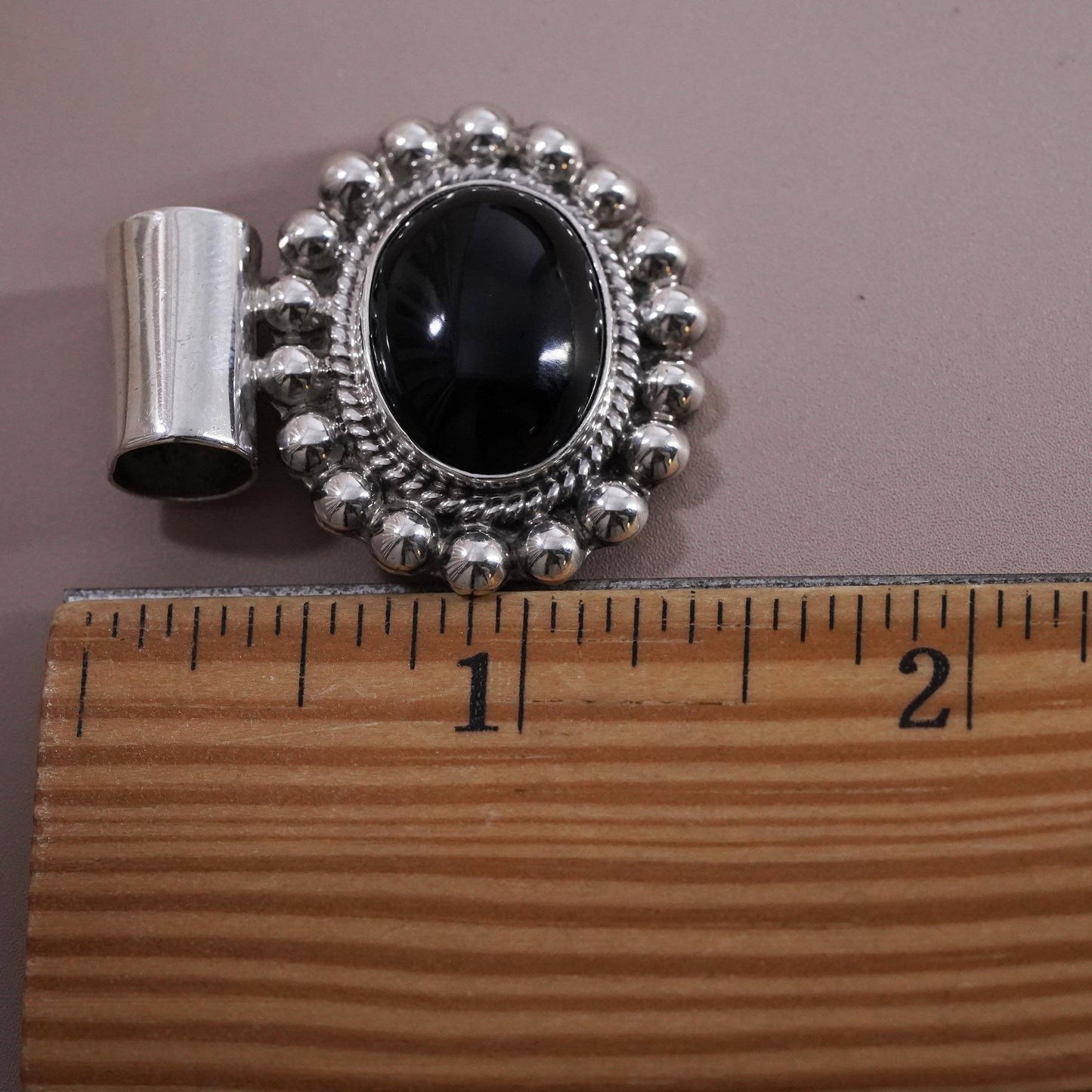 Vintage Mexican Sterling 925 silver oval pendant with black onyx beads around