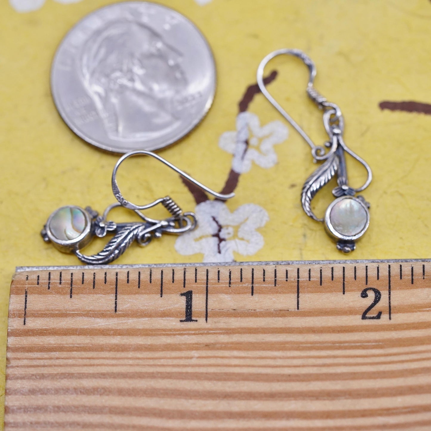 Vintage Sterling 925 silver handmade leaves earrings with abalone inlay
