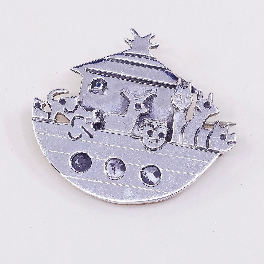 Vintage Sterling silver Handmade brooch, 925 silver Noah’s ark pin, stamped 925 mexico