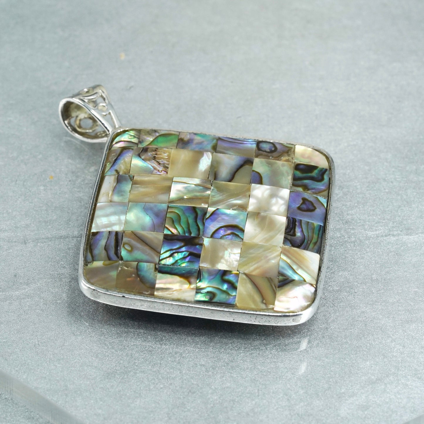 vintage sterling 925 silver handmade square pendant with abalone inlay