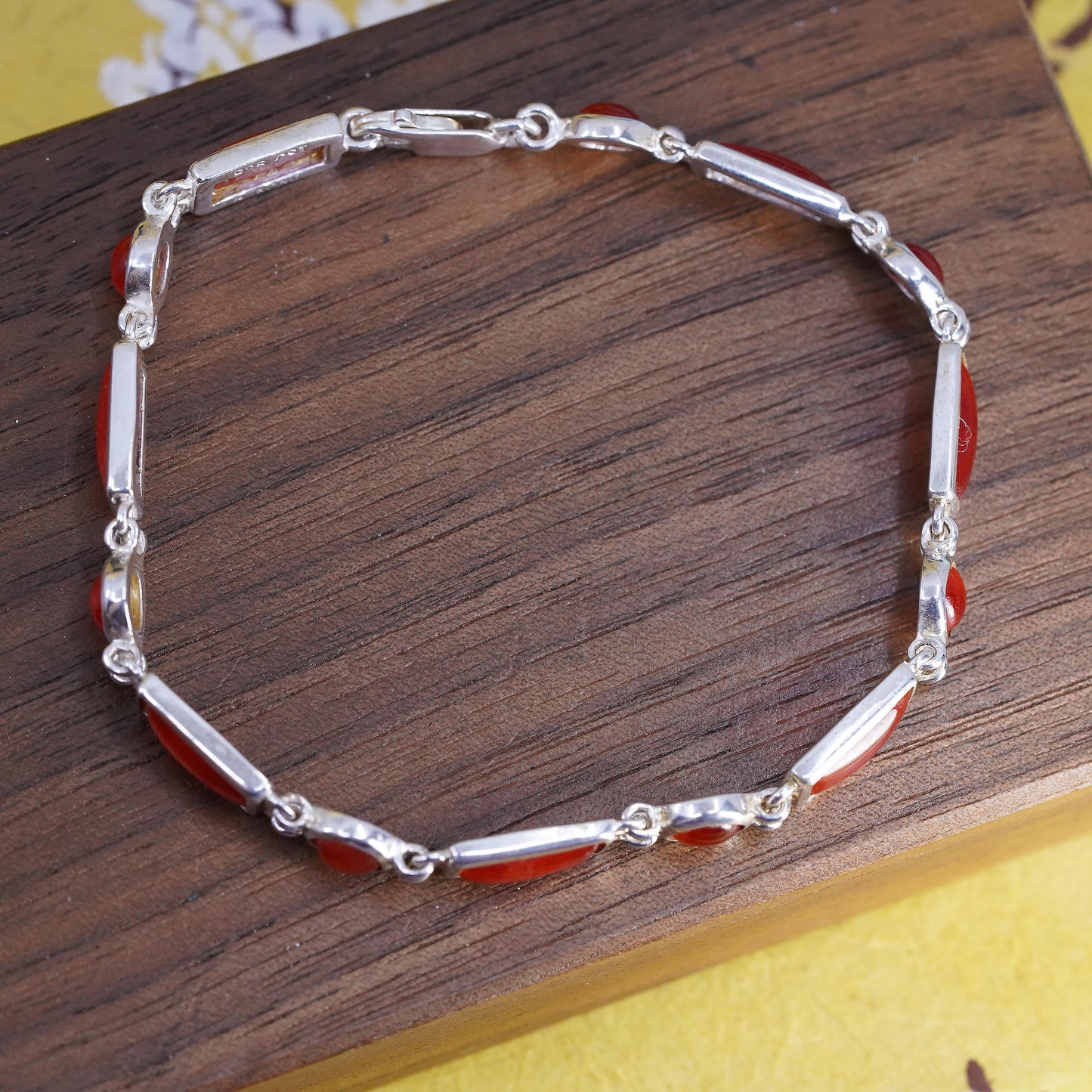 7.25”, Vintage HK sterling silver handmade bracelet, 925 tennis chain carnelian