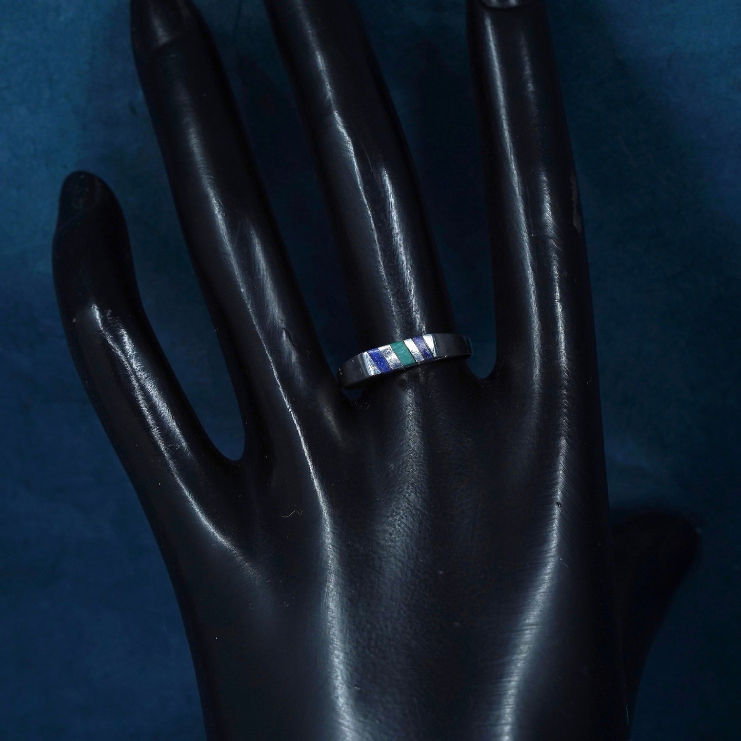 Size 8.5, Mexico sterling 950 silver handmade ring with lapis lazuli malachite