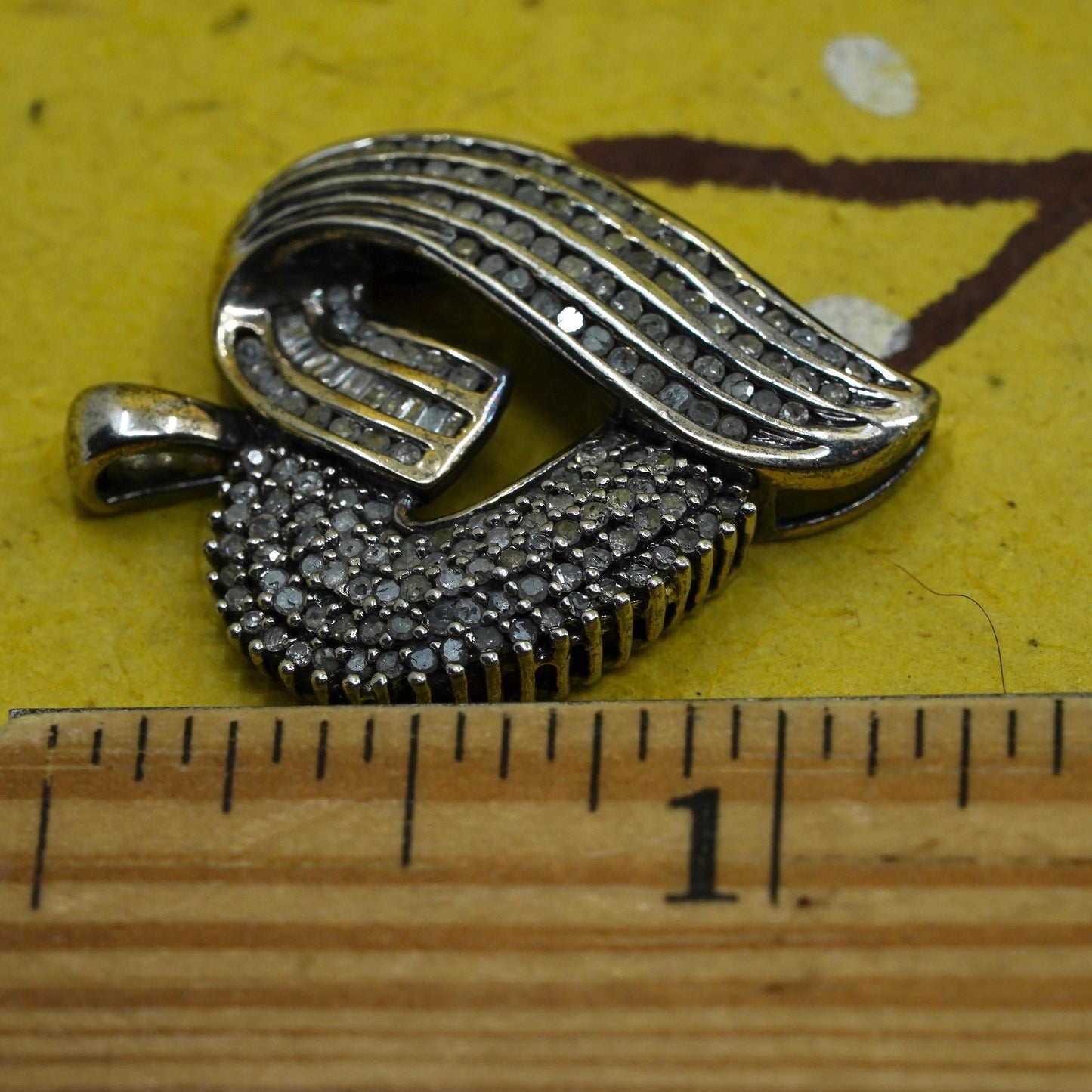 Vintage sterling silver pendant, 925 heart w/ 2 carats genuine cluster diamond