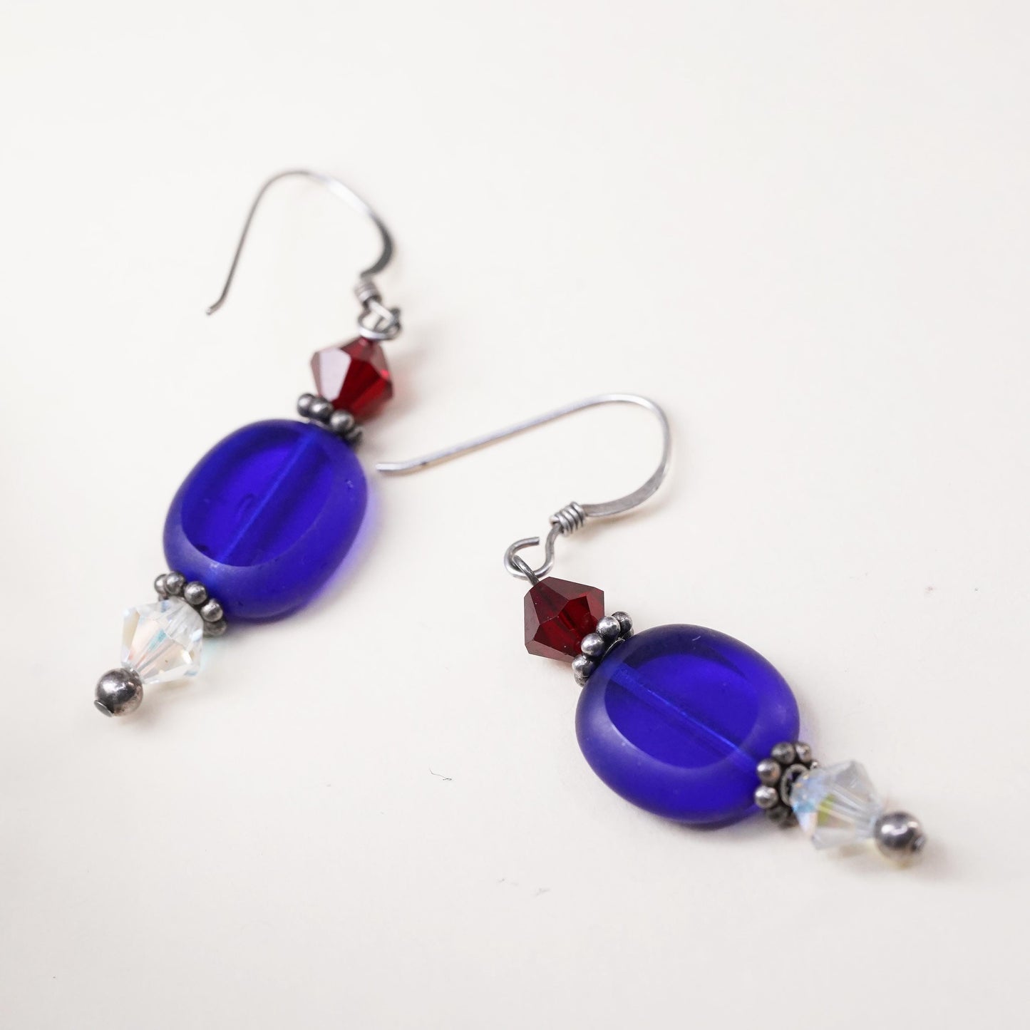 VTG Sterling silver handmade earrings, 925 hooks blue artisan glass drops ruby