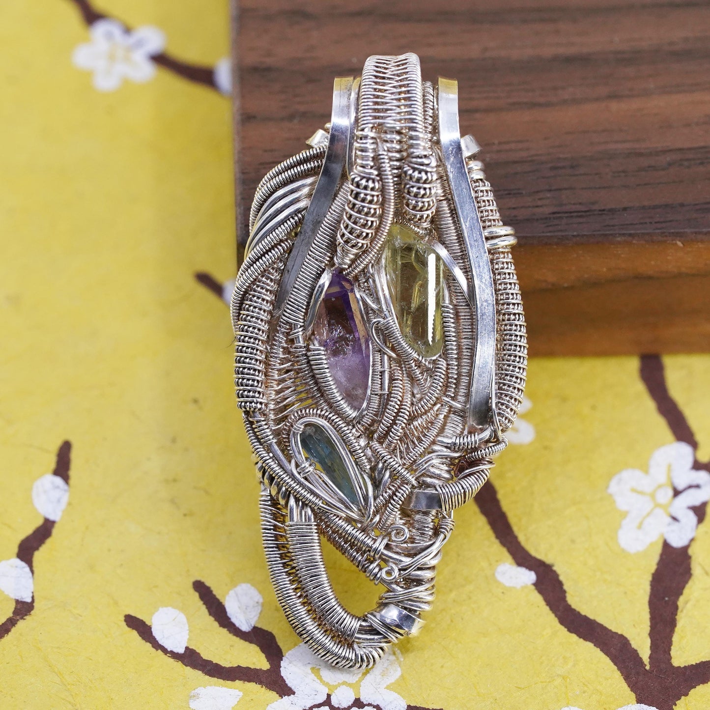 Vintage Sterling silver pendant, 925 wired teardrop with amethyst and peridot