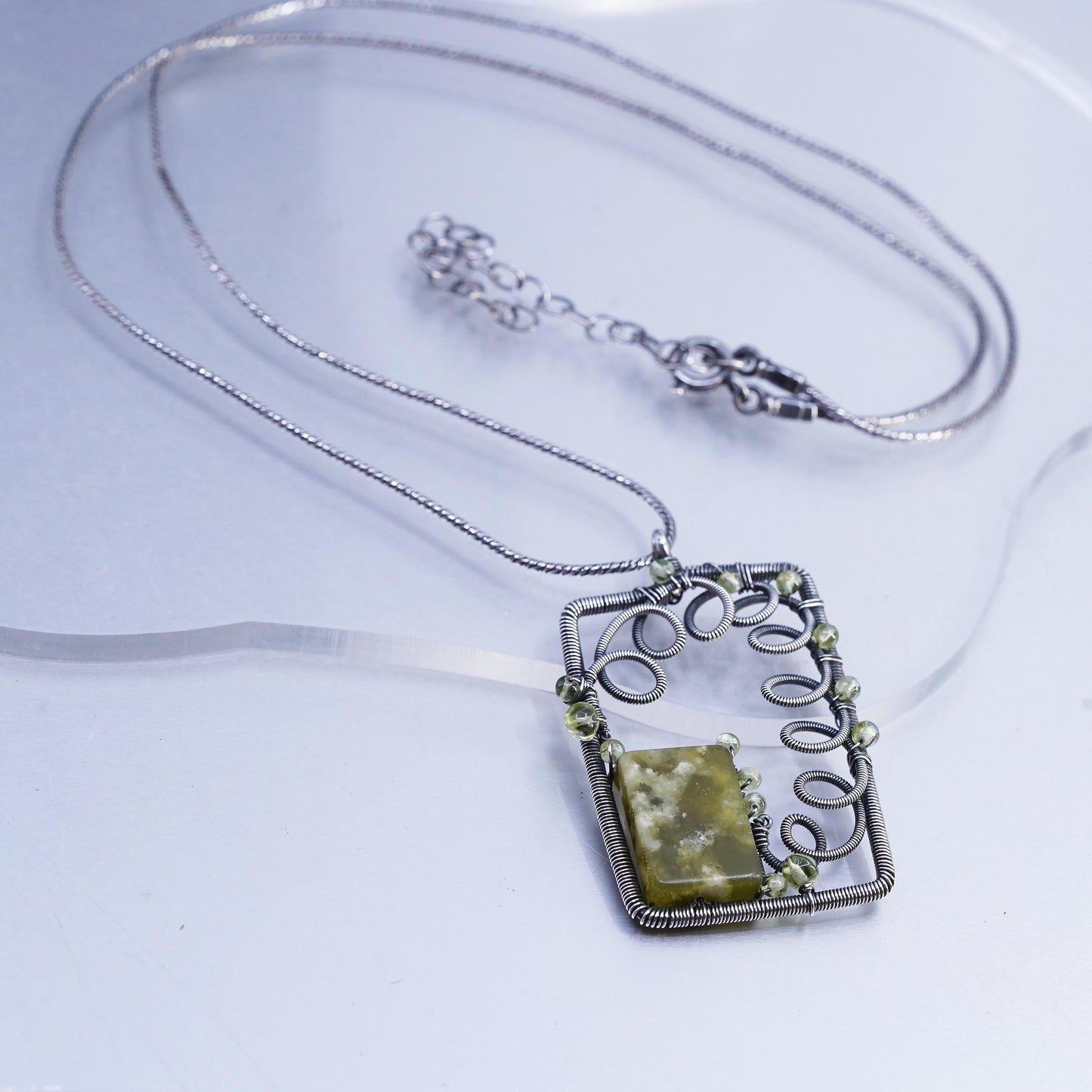 23+3", Sterling 925 silver wheat chain necklace wired rectangular jade pendant