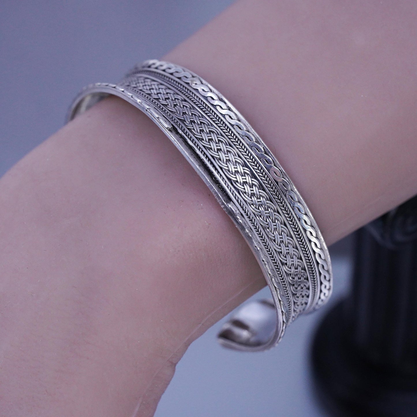 7", Vintage Thai 925 Sterling Silver Cuff Bracelet, Woven Braid Wide Bangle