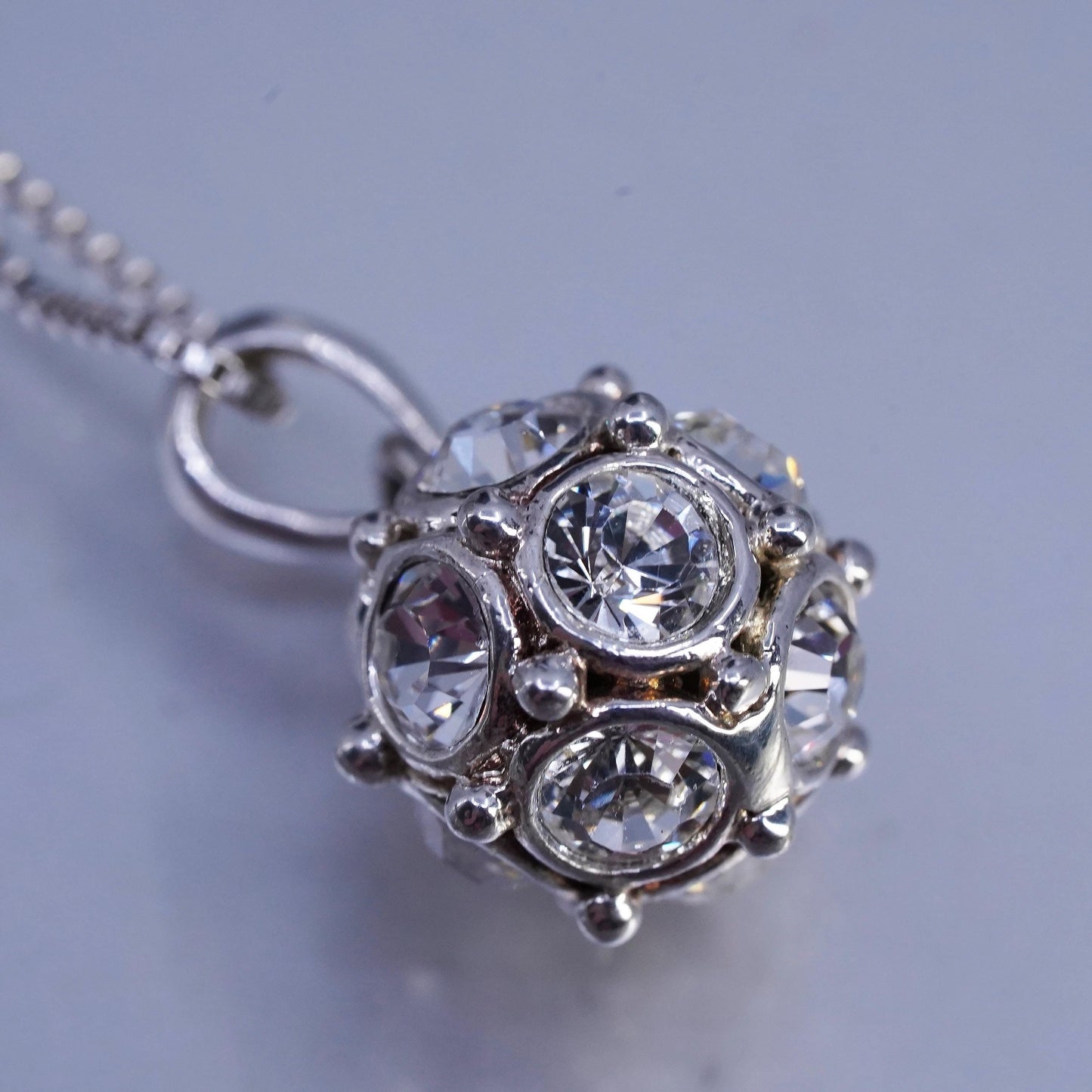 18", vintage Sterling 925 silver box chain necklace cluster cz bead pendant