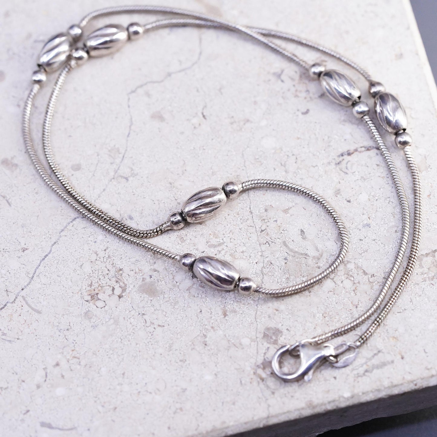 16" 1mm, vintage Sterling silver handmade necklace, 925 snake chain 5mm beads