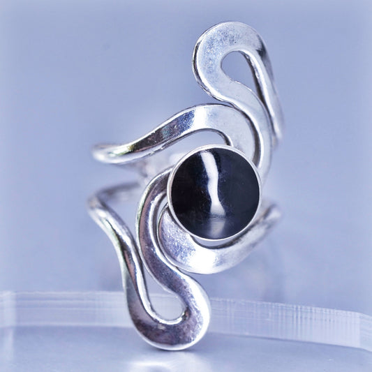 Size 7.25, vintage modern Sterling 925 silver handmade twisted ring with obsidian
