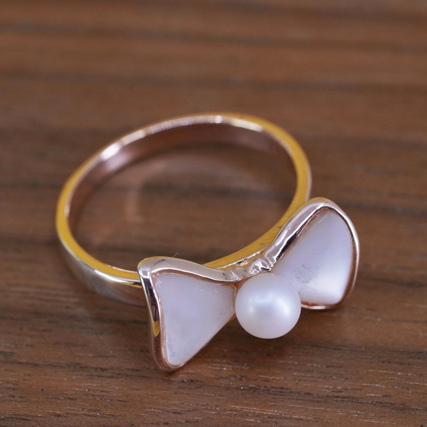 Size 9.25, vermeil rose gold Sterling 925 silver ribbon bow tie ring with pearl