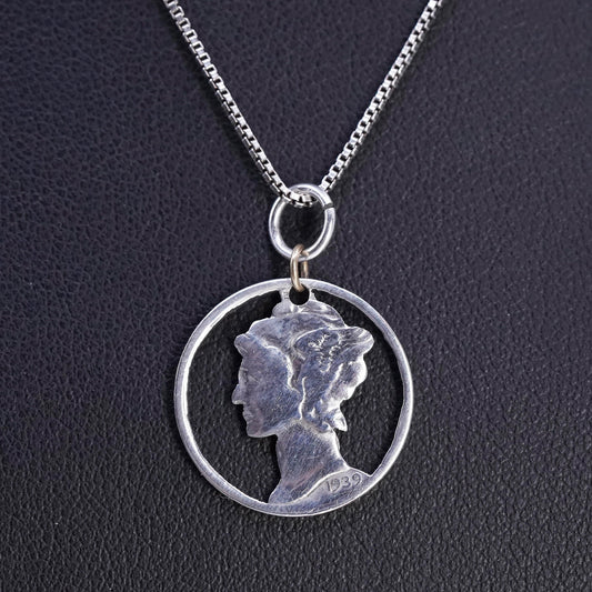 16", vintage Sterling 925 silver box chain necklace with coin queen pendant