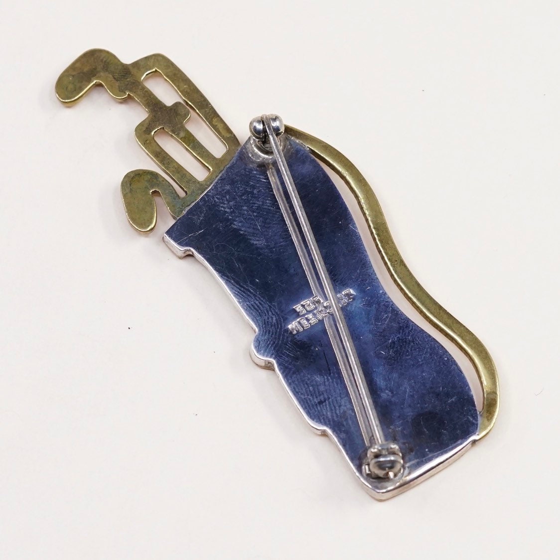 Vintage two tone sterling silver golf cart bag brooch with black enamel Inlay, Mexico 925 silver handmade brooch, stamped Mexico 925