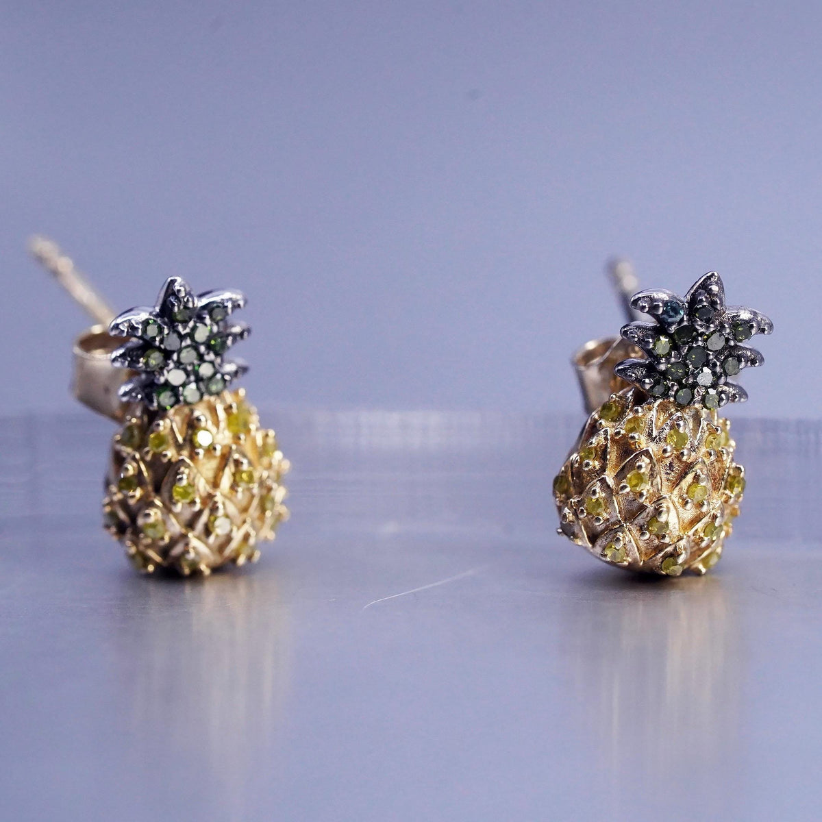 vermeil gold over Sterling 925 silver earrings, pineapple studs diamond emerald