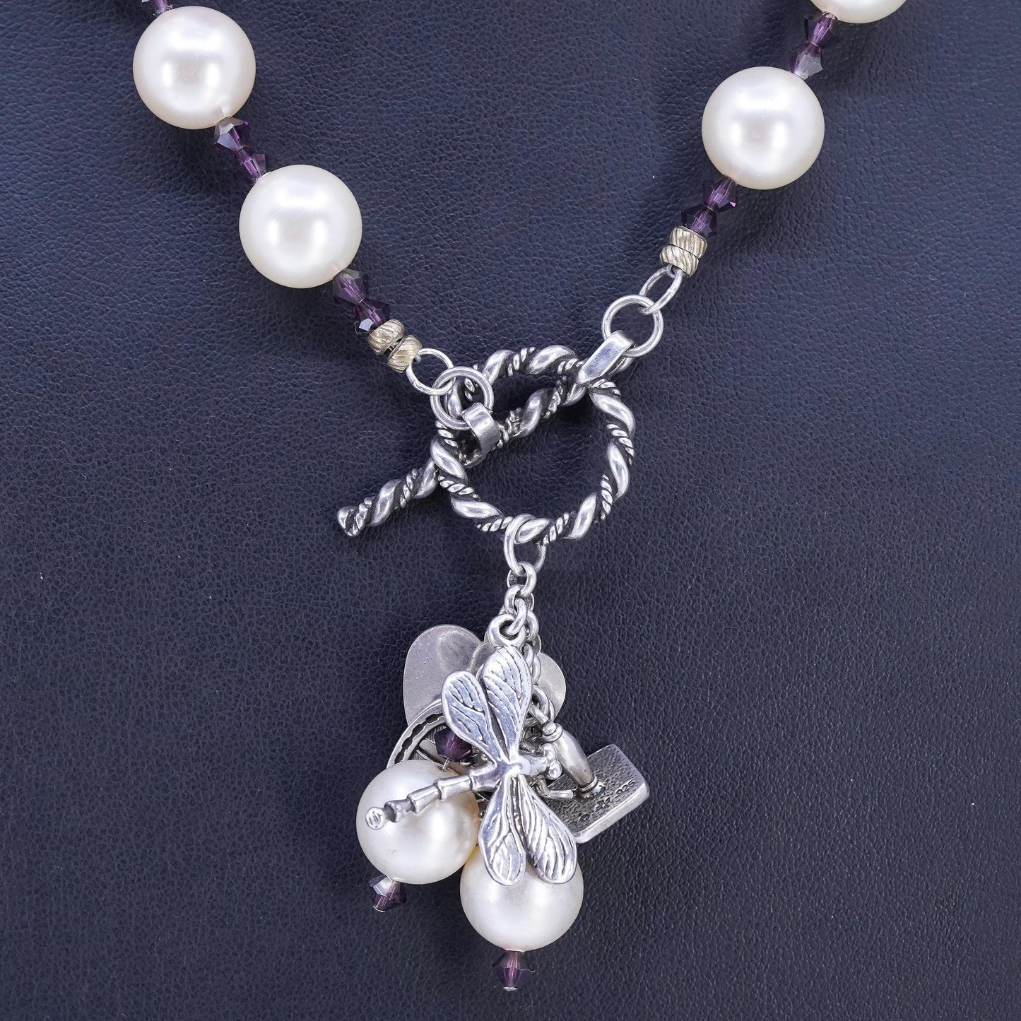 18", Sterling 925 silver necklace faux pearl beads, dragonfly horseshoe charms