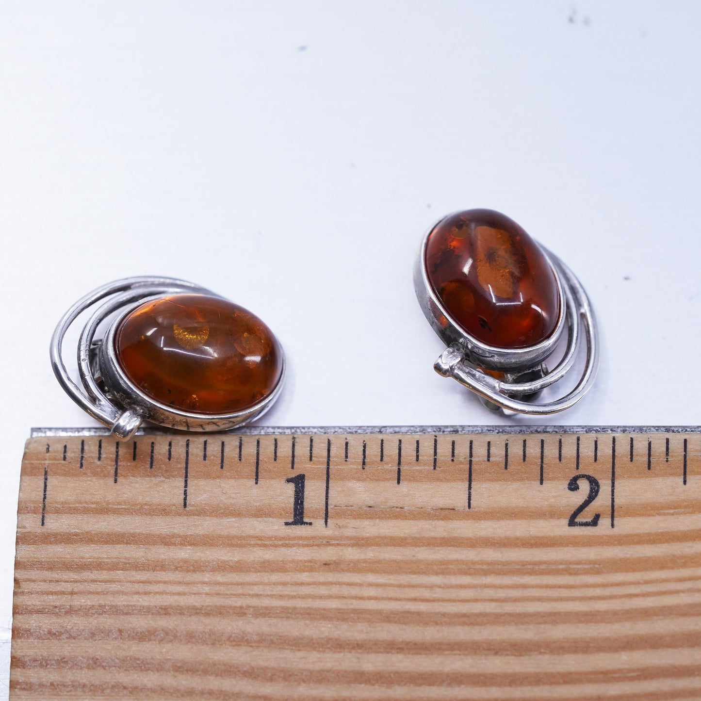 Vintage Sterling 925 silver handmade earrings, oval clip on with amber