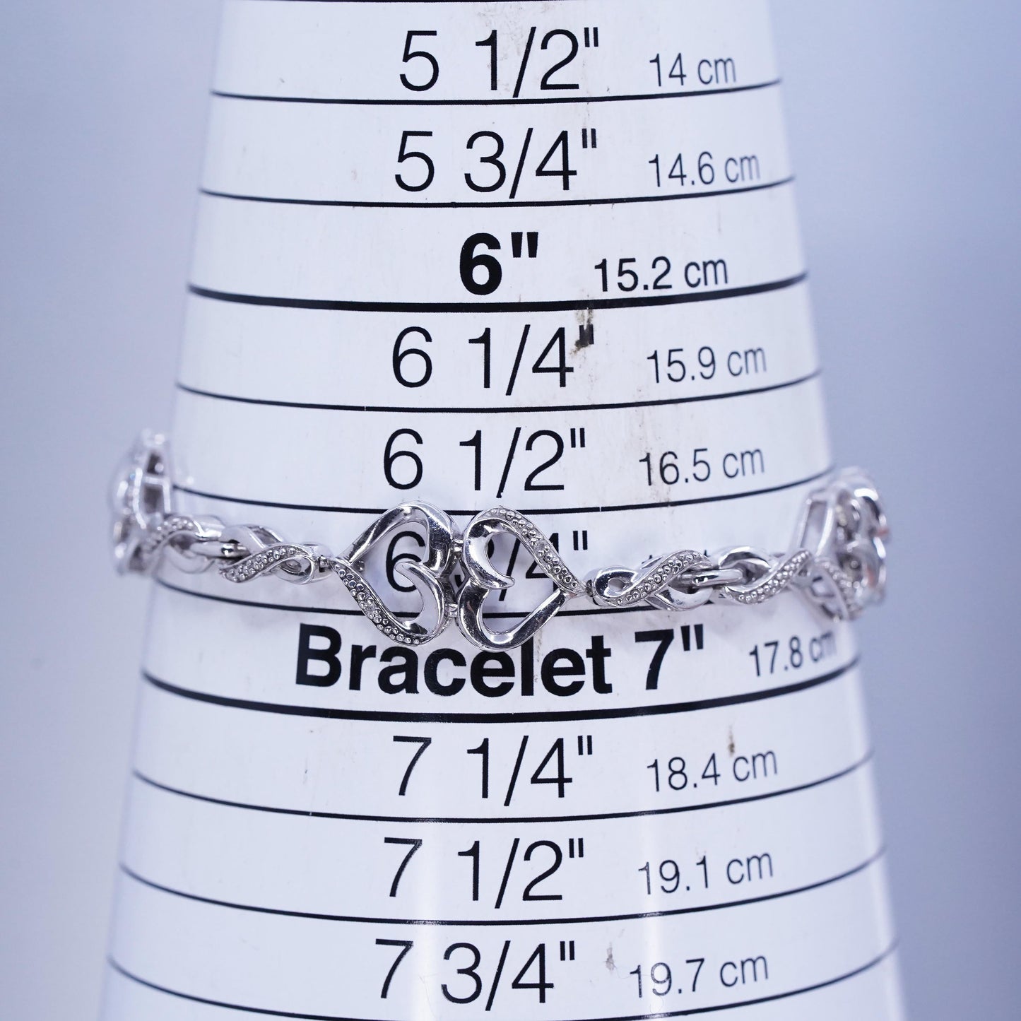 6.75”, Vintage Sterling 925 silver tennis double heart bracelet with diamonds