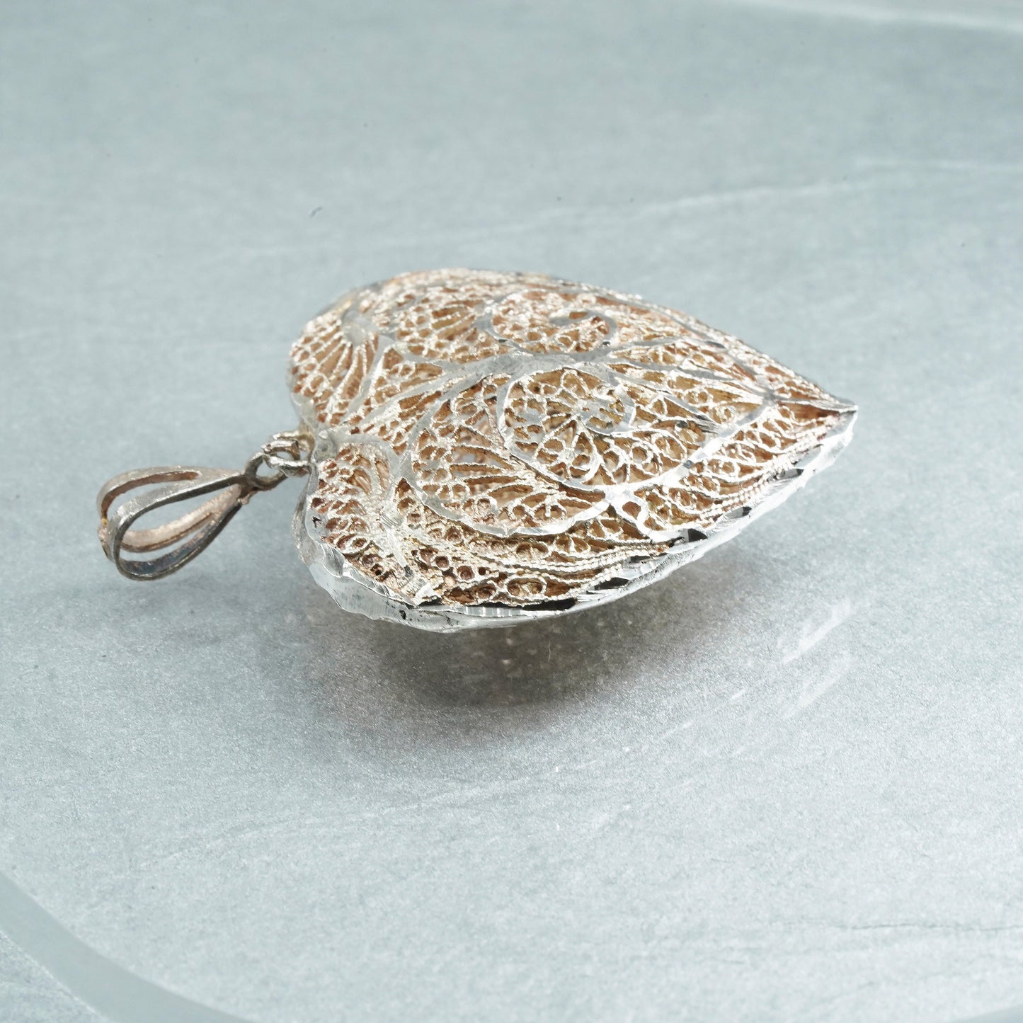 Antique Sterling silver charm, 925 puffy filigree heart pendant