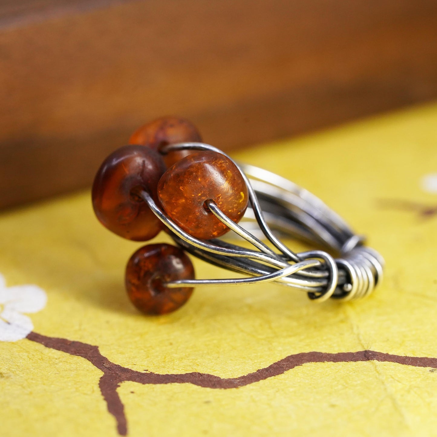 Size 5.75, vintage Sterling 925 silver handmade wired ring with amber beads