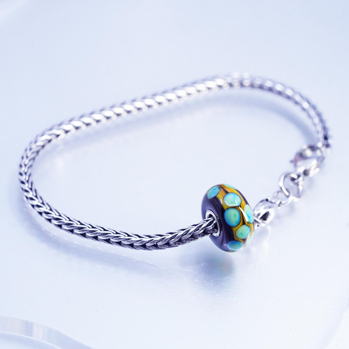 7” trollbead LAA sterling silver bracelet, bold 925 wheat artisan glass charms