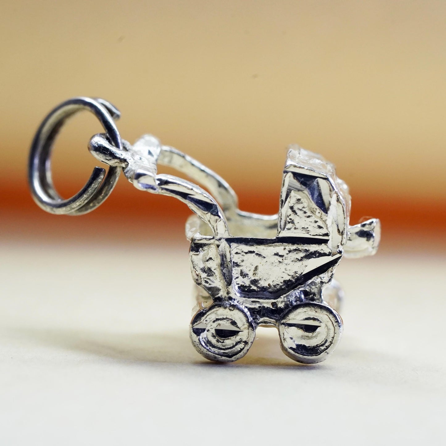 Vintage baby stroller sterling silver handmade pendant, 925 charm