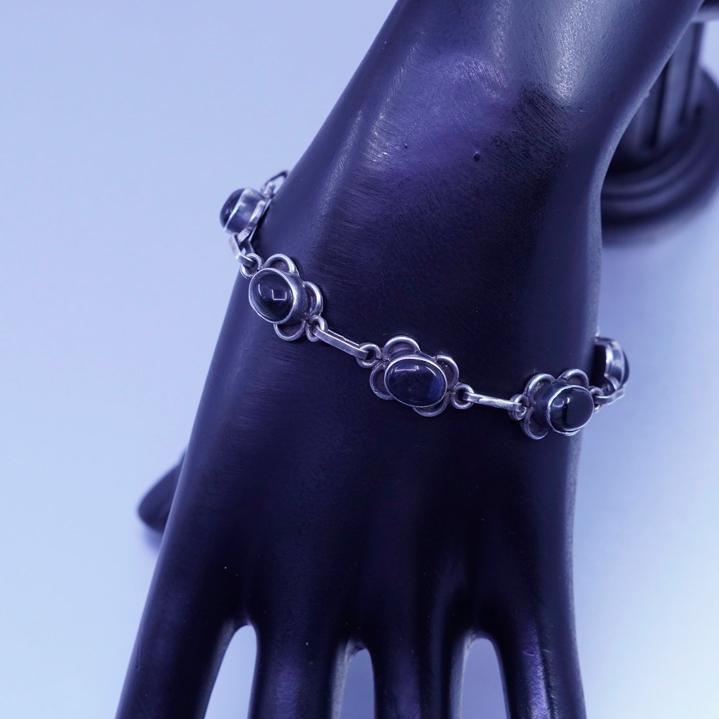6.75”, vintage Sterling 925 silver handmade bracelet with obsidian beads