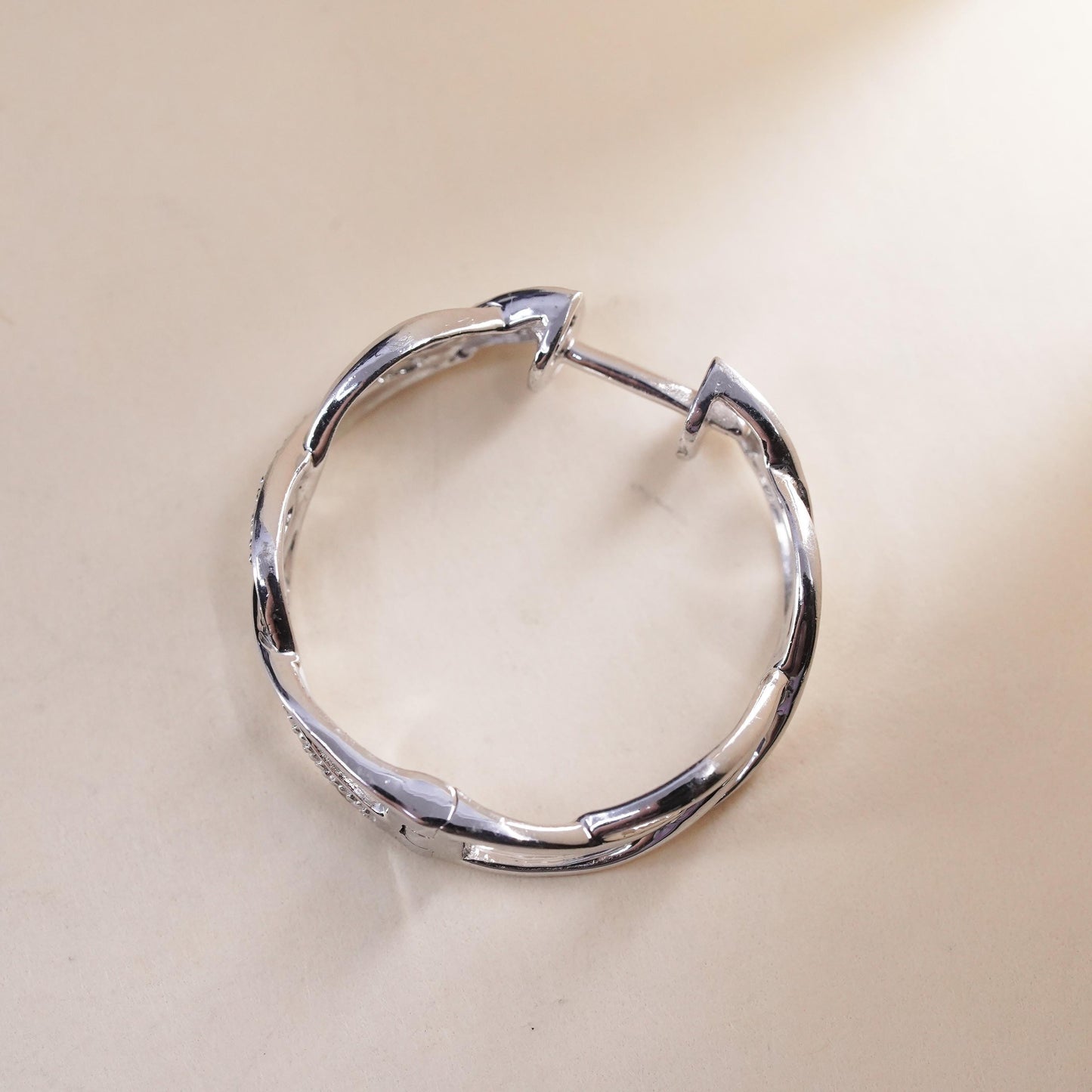 1”, Vintage sterling silver single earring, 925 twisted huggie hoop w/ diamond