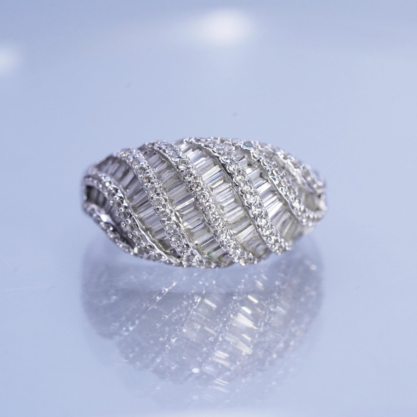 Size 9.25, vintage Sterling 925 silver woven ring with cluster diamonique cz