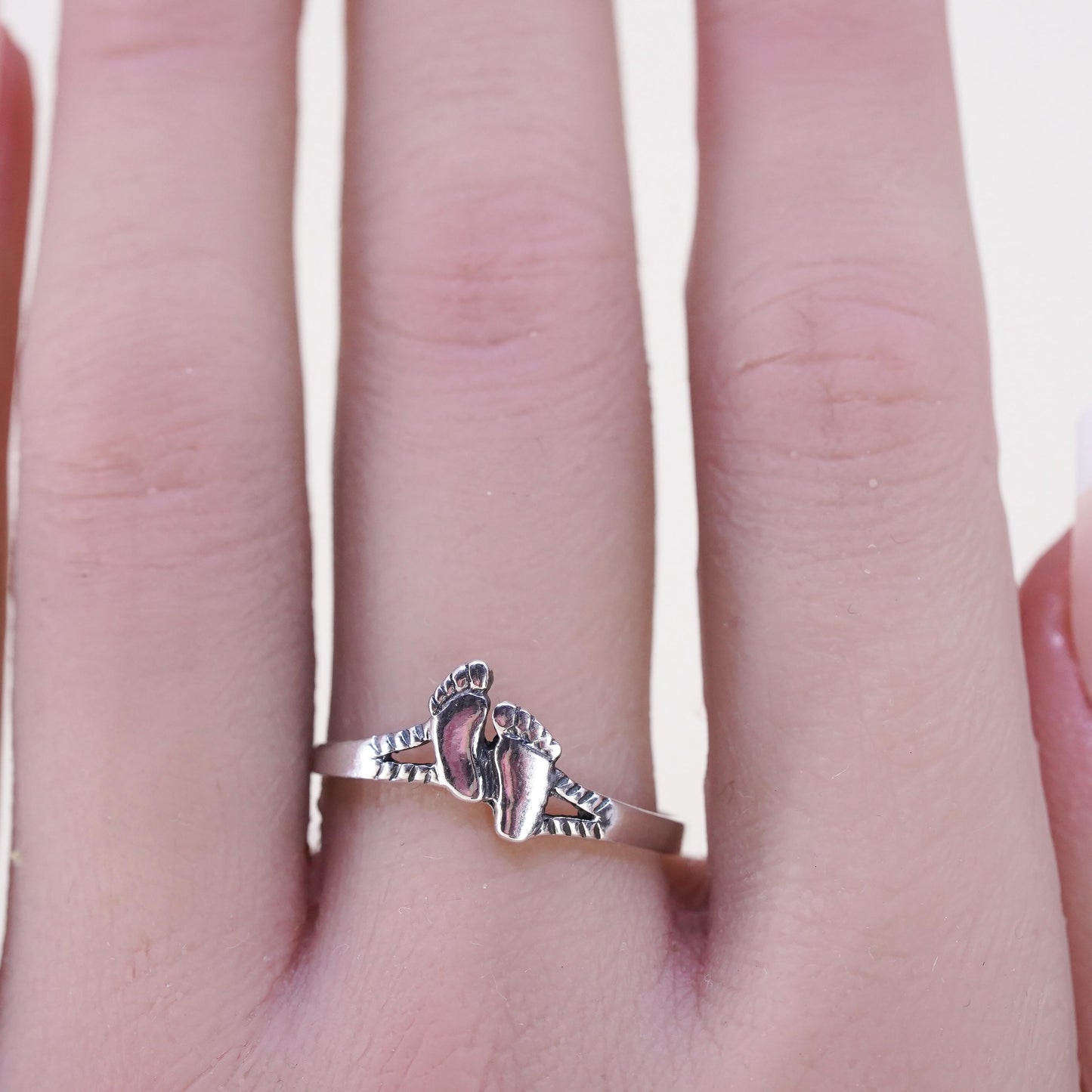 Size 9.25, Vintage sterling 925 silver handmade baby footprint ring