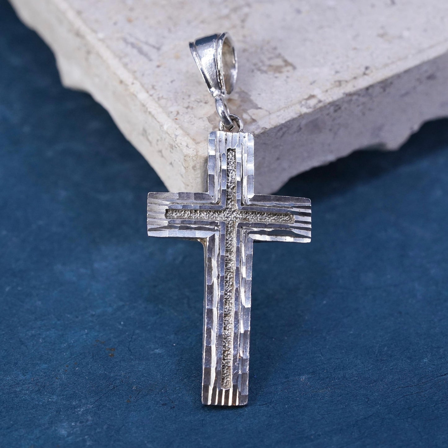 vintage Sterling silver Handmade charm, textured 925 Jesus cross pendant