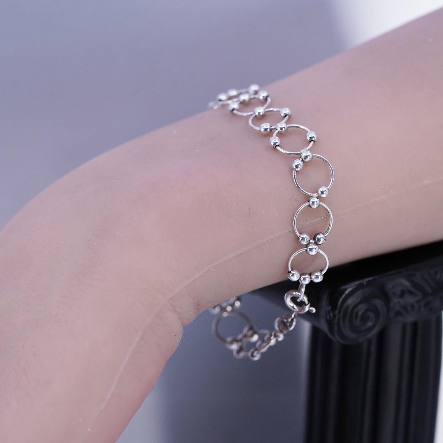 6.75" 10mm, Vintage Jewelry Sterling 925 silver bracelet, circle chain w/ beads