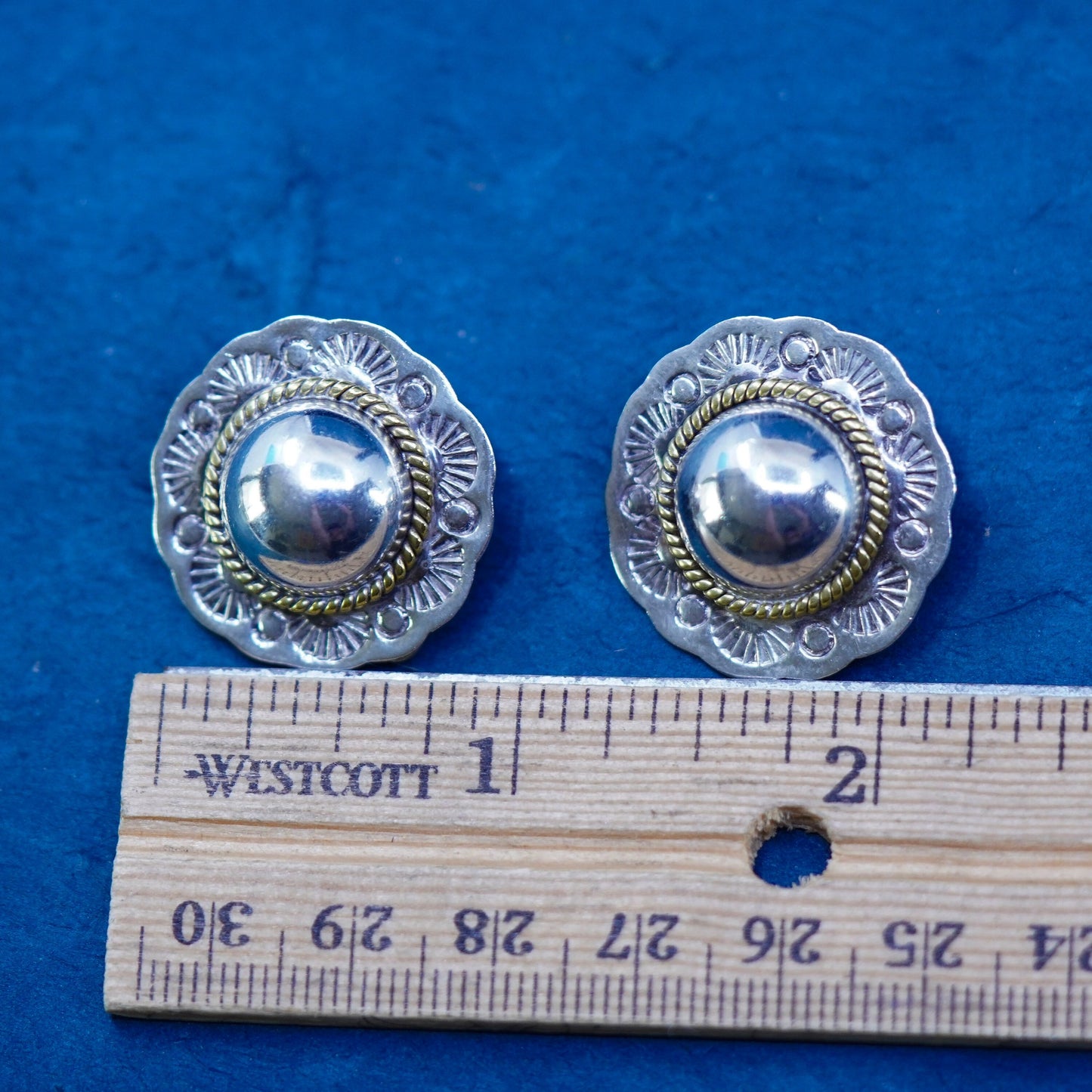 two tone Sterling silver earrings, 925 flower clip on with brass cable around