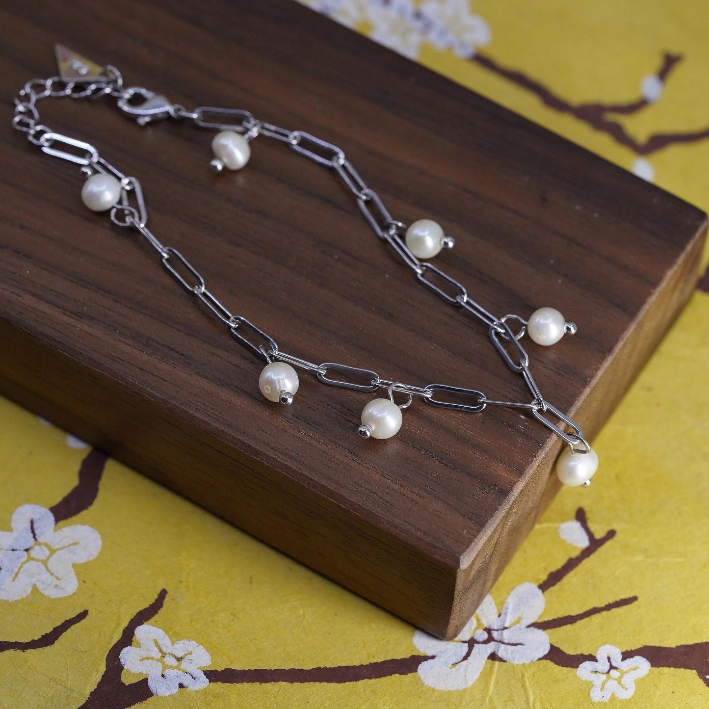 8” Sterling 925 silver elongated chain bracelet with freshwater pearl charms