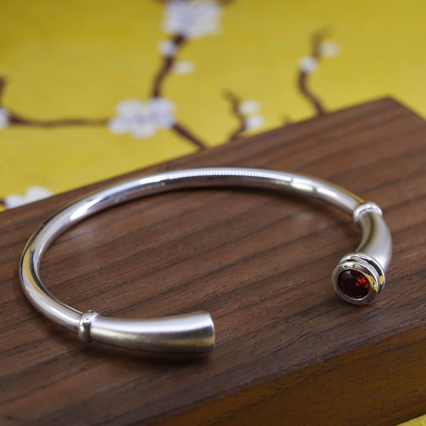 6.5", antique sterling silver handmade bracelet, 925 cuff with ruby end