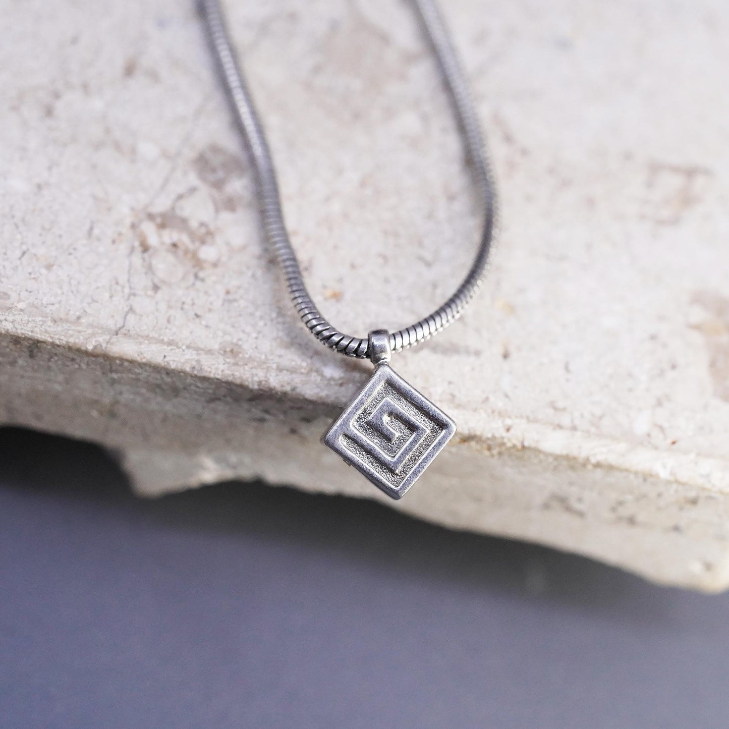16", VTG Sterling silver necklace, 925 snake chain Greek key patterend pendant